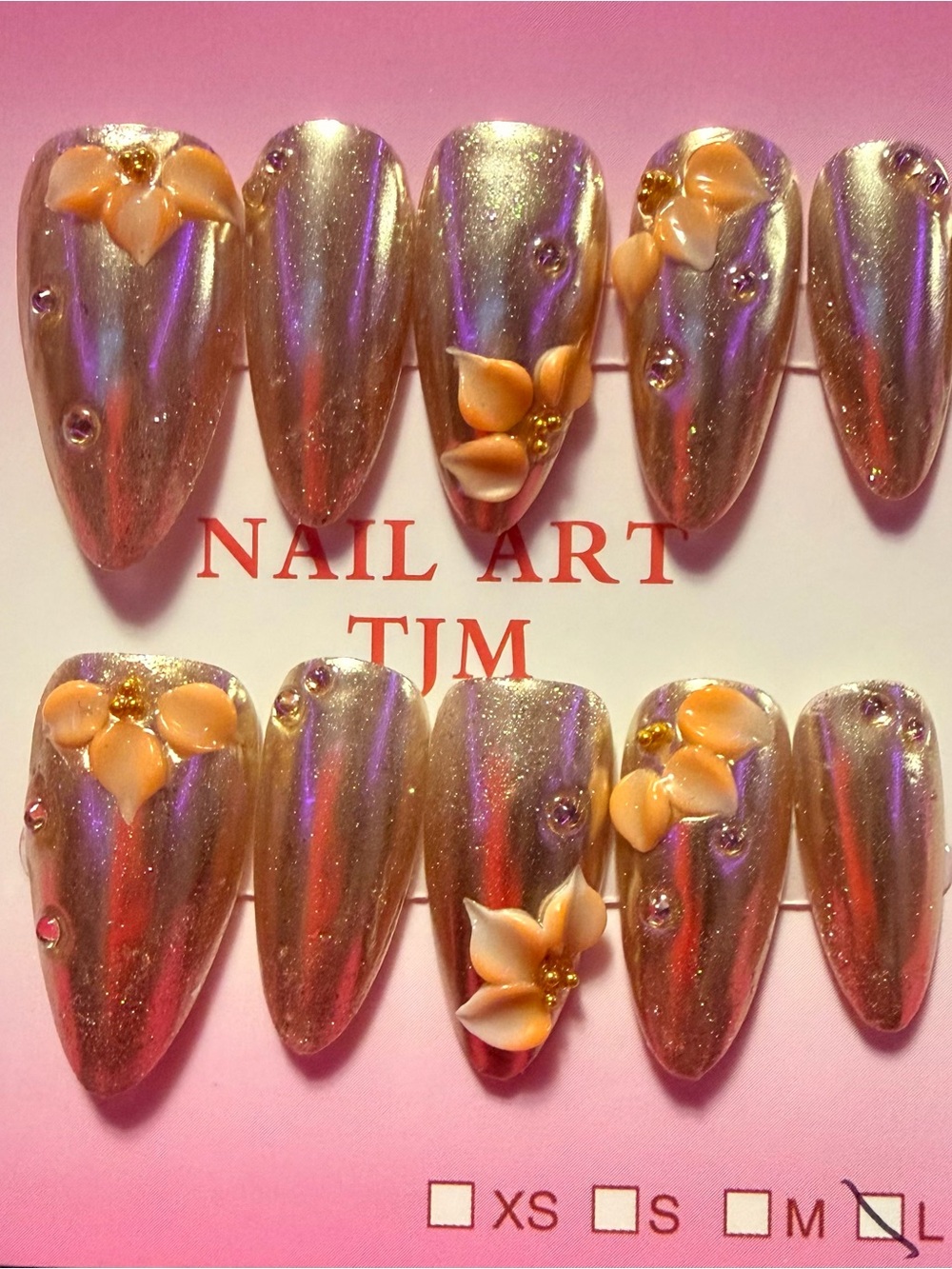 Nail Art Set - Peach Floral Chrome Press-On Nails